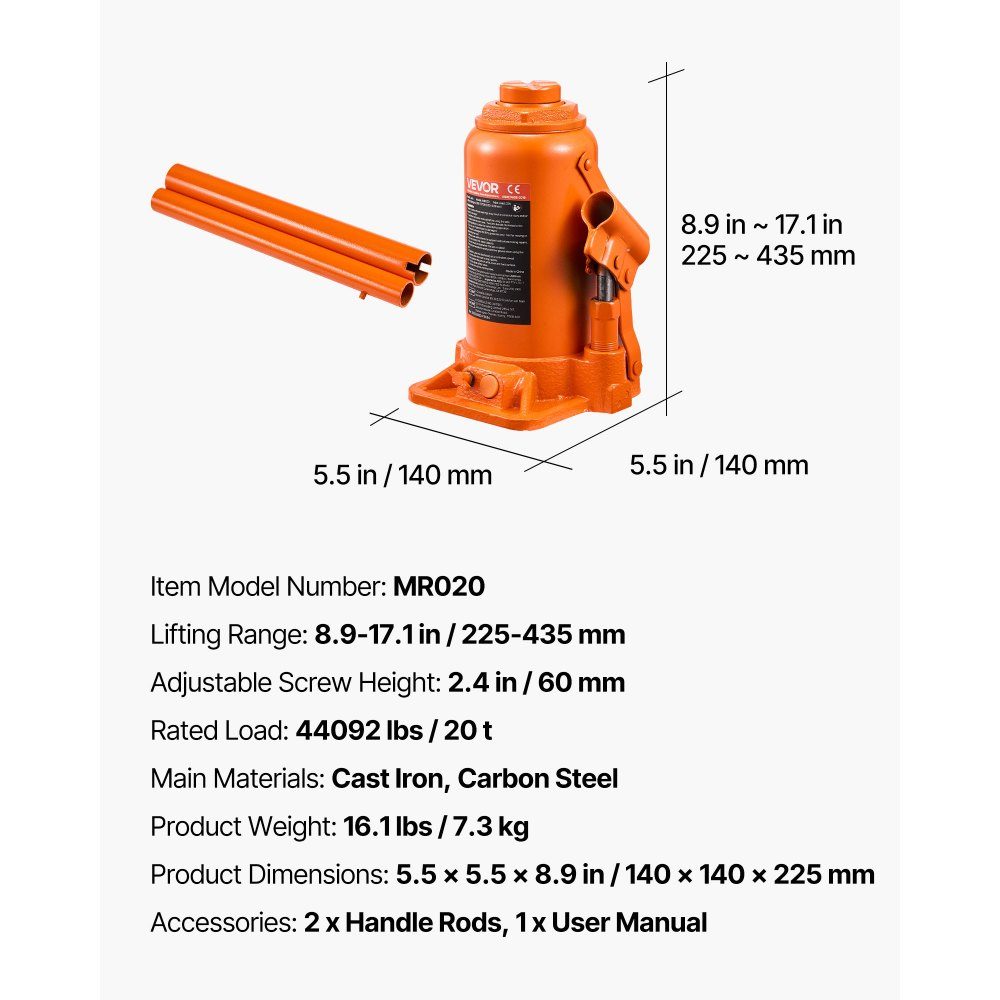 Cric Hydraulique Cric Bouteille 20T 225-435mm Plage de Levage Cric de Timbre Robuste pour Voiture SUV Pickup Réparation de Voiture Ascenseur de Maison Équipement Agricole Orange