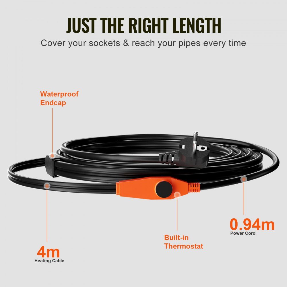 Frost Protection Heating Cable 4m 23W/m Pipe Heating Cable with Built-in Thermostat Pipe Heating Cable to Protect PVC Hoses, Metal & Plastic Pipes from Freezing