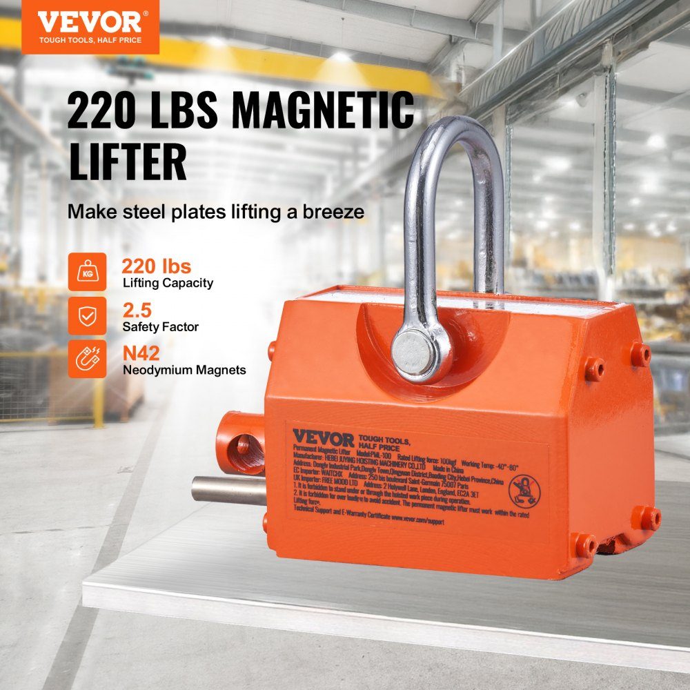 Load lifting magnet, crane magnet (100kg load capacity, 250kg pulling force, -40 to 80℃), hand controlled fork lifting magnet lifter, magnetic lifter, yellow neodymium lifting magnet tool