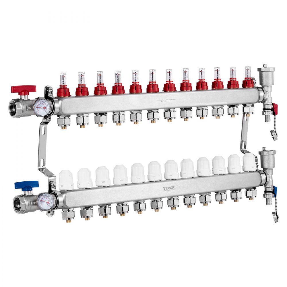 12 Branch Heat Spreader, 1/2" PEX Pipe Manifold, Stainless Steel PEX Manifold for Hydronic Underfloor Heating, Heat Distribution PEX Manifold Kit with 1/2" Adapters Included