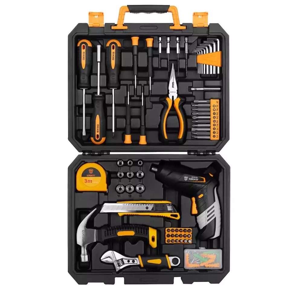 Complete tool case set with cordless screwdriver
