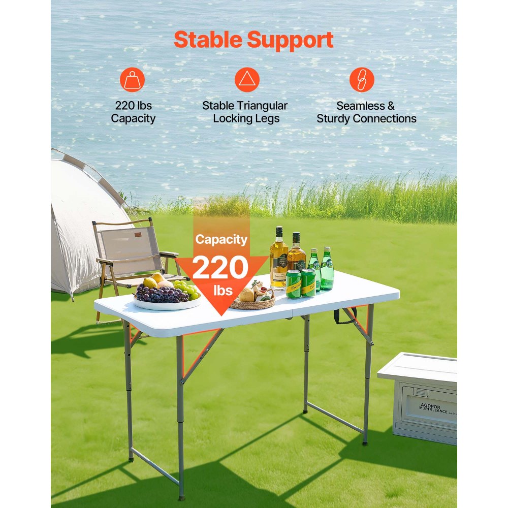 Klappbarer Buffettisch, tragbarer Allzwecktisch, 122 cm, rechteckiger Kunststofftisch mit verstellbarer Höhe und integriertem Griff, Gartentisch, Campingtisch für Partys, Picknick, Camping, weiß Klappbarer Buffettisch, tragbarer Allzwecktisch, 122 cm, rechteckiger Kunststofftisch mit verstellbarer Höhe und integriertem Griff, Gartentisch, Campingtisch für Partys, Picknick, Camping, weiß