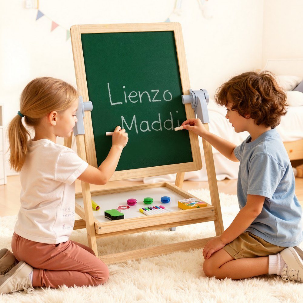 Kunststaffelei für Kinder, 2-in-1-Kunststaffelei aus Holz, doppelseitig mit magnetischem Whiteboard und Kreidetafel, verstellbares, stehendes, drehbares, klappbares Zeichenbrett mit Malzubehör für Jungen und Mädchen