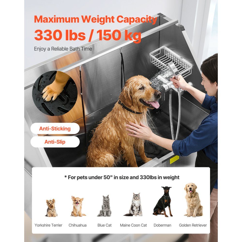 Electric Dog Washing Station with Lift Function, 50 Inch Stainless Steel Pet Grooming Tub with PE Water Filter Plate, Faucet and Shower Head, Dog Bathtub, Pet Wash Basin (Right Door)