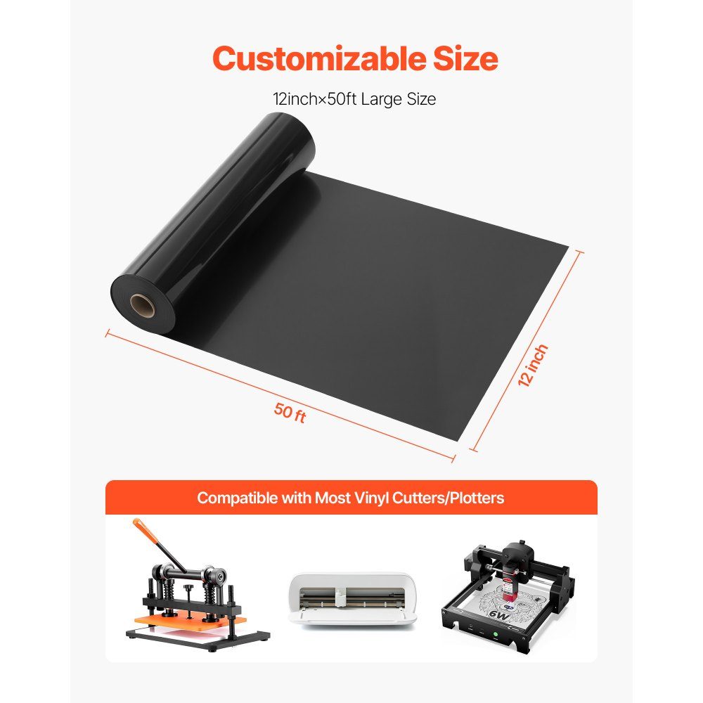 Film vinyle de transfert thermique (304,8 x 15240 mm) Noir brillant HTV Rouleau de vinyle thermocollant compatible avec les machines de découpe pour divers matériaux T-shirts Coussins Chapeaux