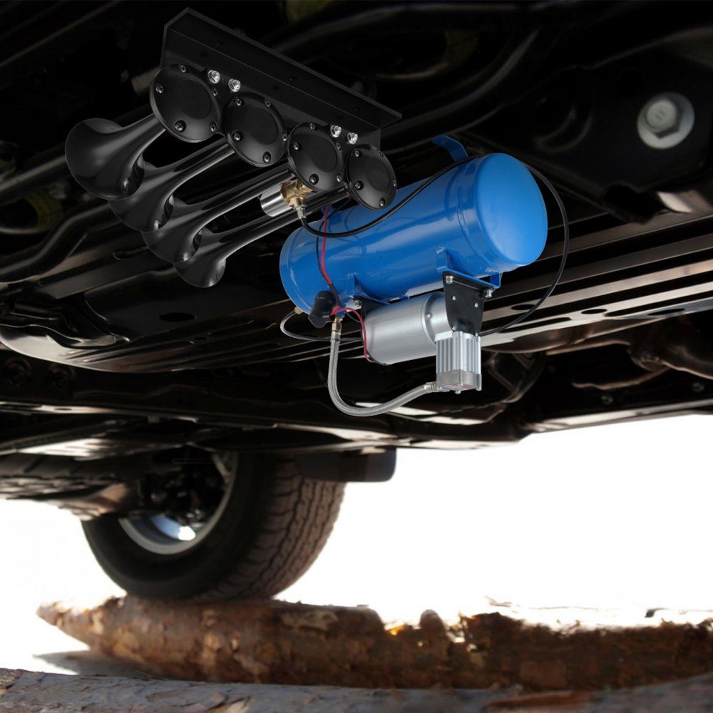 Compresseur d'air 12 V avec réservoir 6 L, kit de compresseur d'air pour klaxon de train, pression de fonctionnement 90-120 psi, système de compresseur d'air intégré pour klaxons d'air de train, gonflage de pneus, camions, SUV, etc. Bleu
