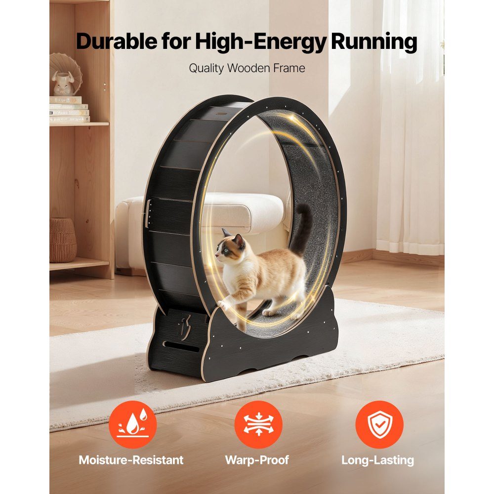 Vélo d'exercice pour chat, roue d'exercice en bois de 1080 mm de diamètre intérieur pour chats de 8,6 à 12,7 kg, tapis roulant pour chat avec tapis de sol et mécanisme de verrouillage, jouet silencieux pour chats d'intérieur, noir