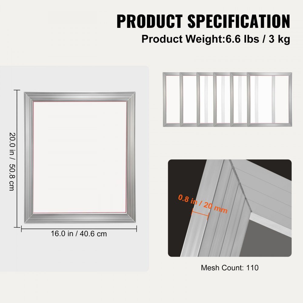 Screen Printing Kit, 6 Pieces Aluminum Screen Printing Frames, 16" x 20" 110 Mesh Screen Printing Frame, High Tension Nylon Net and Sealing Tape for T-Shirts, DIY Printing etc