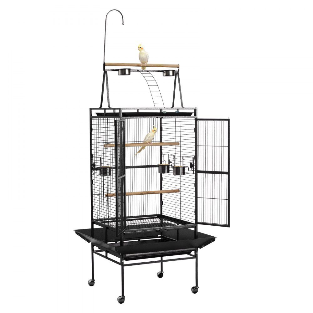 Vogelkäfig, 830 x 790 x 2100 mm, oben offen, Vogelvoliere aus Schmiedeeisen mit Sitzstangen, Napf und Futternäpfen aus Kunststoff, für Nymphensittiche, Mönchssittiche und Graupapageien