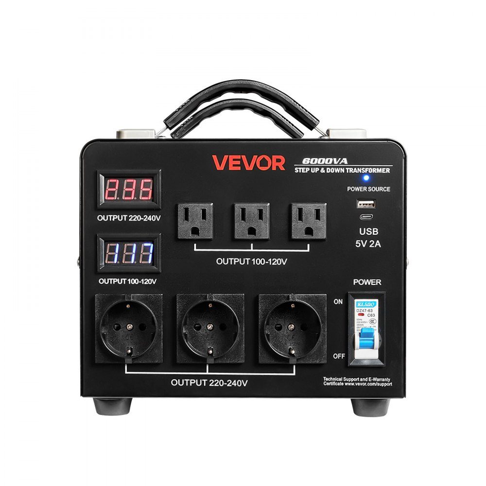 Spannungswandler-Transformator, 6000 VA, Aufwärts-/Abwärtstransformator, 110 V auf 220 V und 220 V auf 110 V, mit 3 US-Buchsen, 3 EU-Buchsen, LCD-Display, Leistungsschalter