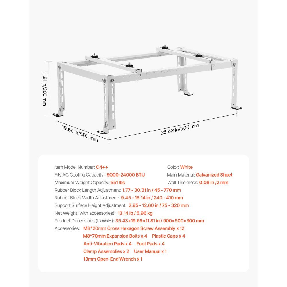 Support de sol pour climatiseur, mini support divisé anti-vibration pour pompes à chaleur de climatiseur sans conduit 9000-24000 BTU, support de base AC pour montage au sol avec max. Capacité de charge de 250 kg