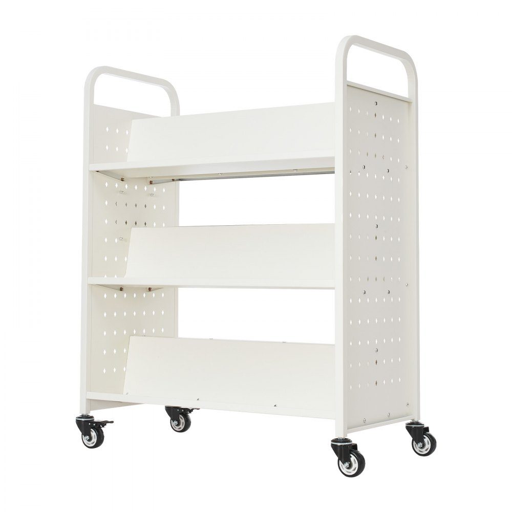 Book Trolley 150kg Load Capacity Library Trolley 97 x 51.5 x 122.5cm Double Sided W Shaped Bookshelf with Double Brake Wheels Bookshelf Trolley for Living Room Office School White