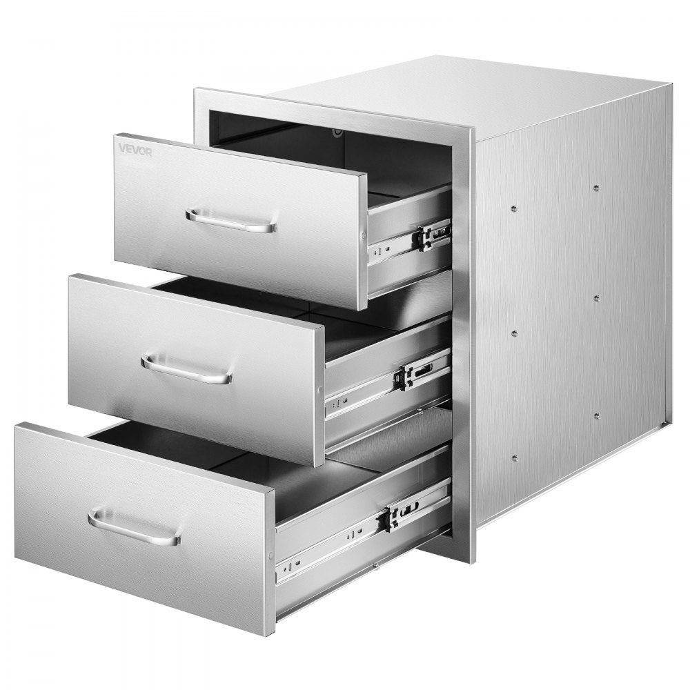 Tiroirs de cuisine d'extérieur 46 x 59 x 59 cm (L x P x H), tiroirs pour grill avec 3 tiroirs et poignées en acier inoxydable, tiroirs pour cuisine extérieure et station de grill pour îlot de terrasse