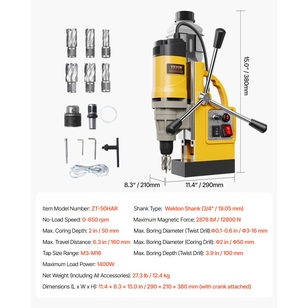 Perceuse magnétique 1400 W φ50 mm, 12800 N, perceuse magnétique électrique portable avec 6 carottiers, perceuse 650 tr/min pour l'industrie des surfaces métalliques, bricolage, jaune