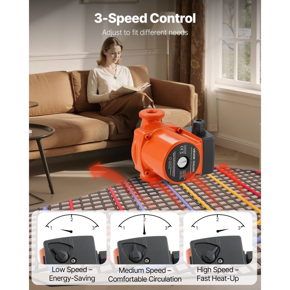 LPS25-6S/130 Cast Iron Circulation Pump 1/8HP 55L/min Hot Water Circulation Pump Threaded Connection 3 Speed ​​Setting Quiet Operation for Home Heating Systems