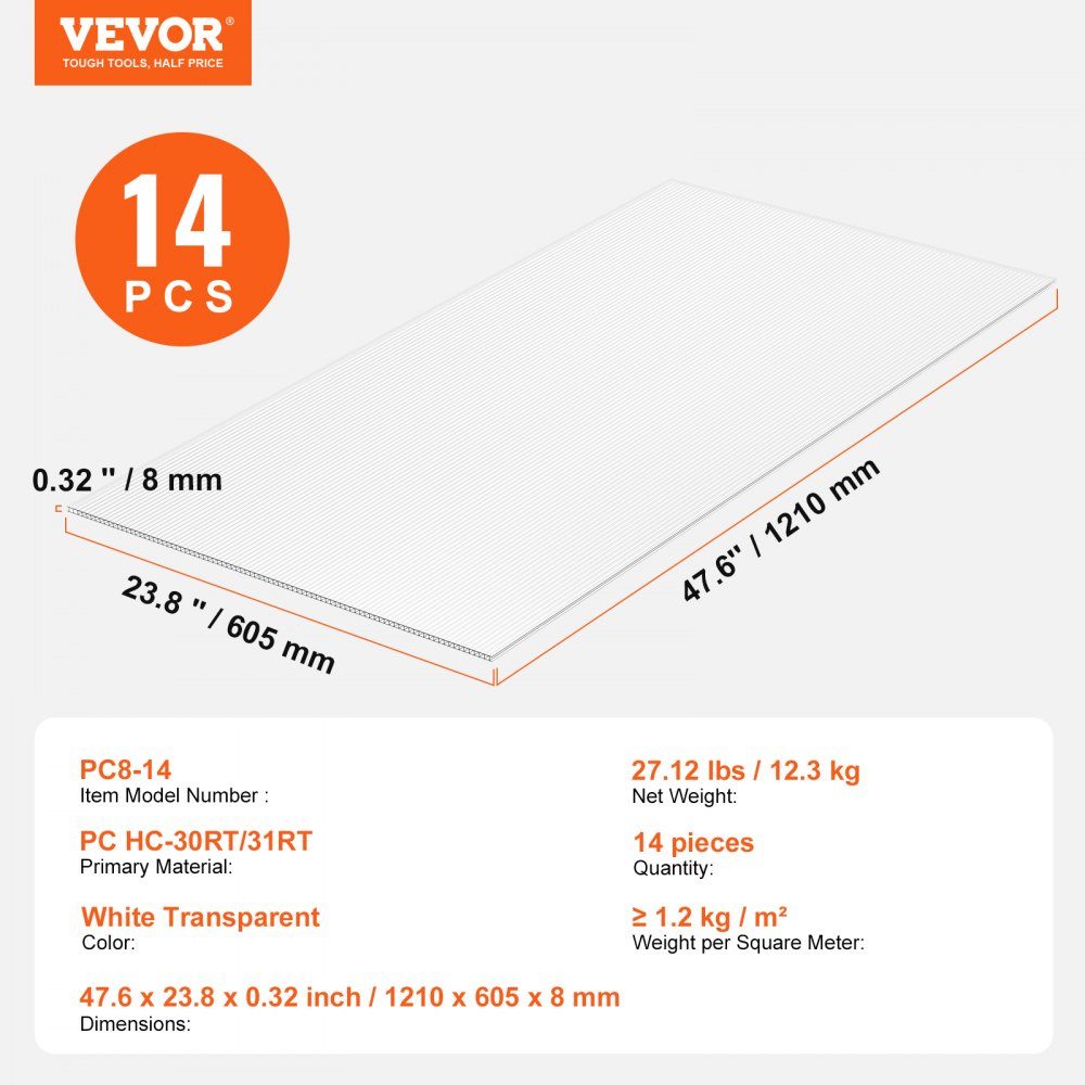 Set van 14 polycarbonaat kaspanelen, 1210 x 605 x 8 mm meerwandige panelen, waterdichte UV-beschermde gegolfde holle kamerpanelen, slagvaste transparante dakpanelen voor kas/tuin