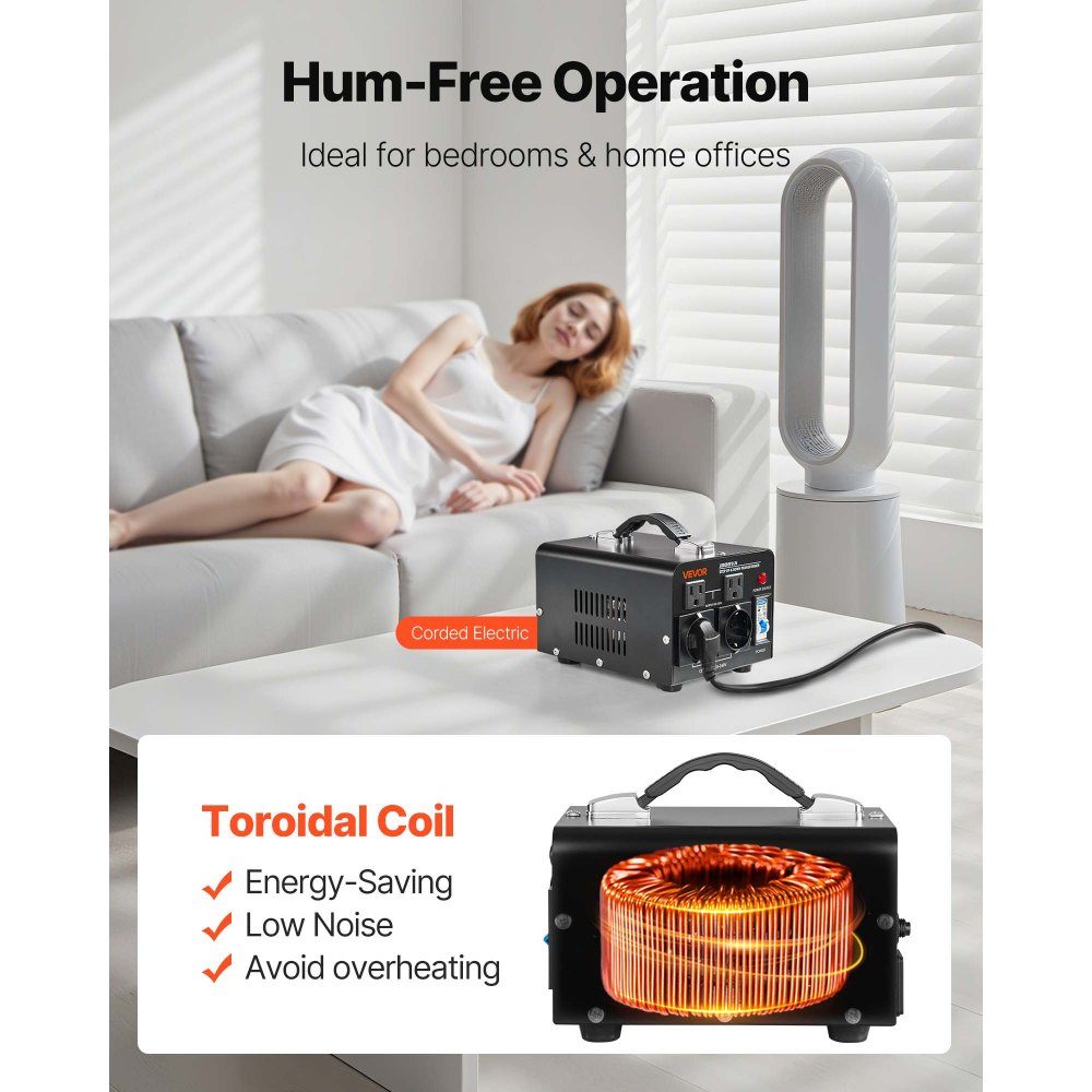 Voltage Converter Transformer, 1000VA Step Up/Down Power Transformer, 110V to 220V and 220V to 110V Conversion, with US and EU Sockets, Power Cord, Circuit Breaker