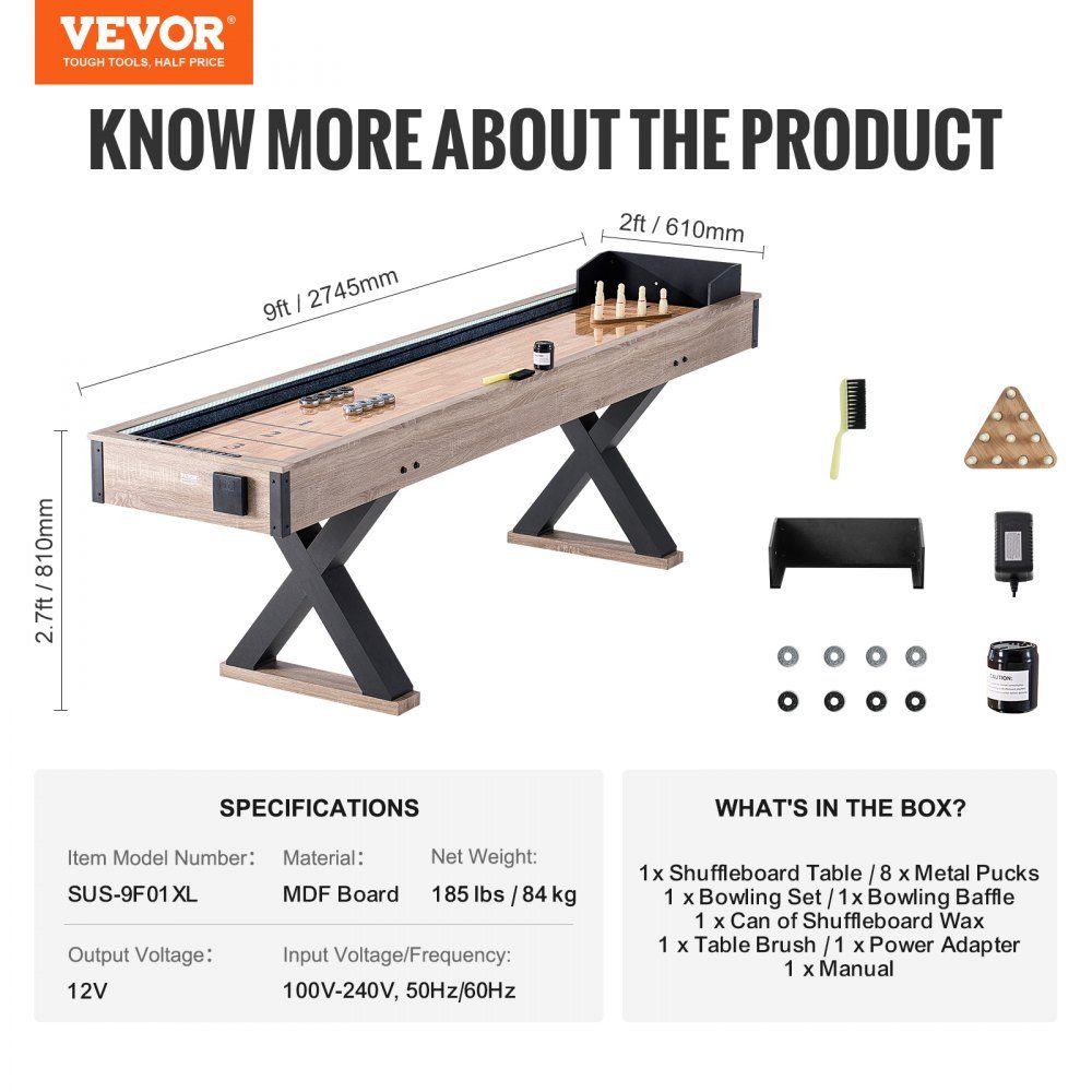 Shuffleboard Table, 9ft Shuffleboard with LED Lights for Family Game Room, 2 in 1 Shuffleboard and Bowling Combo Game Set, with Anti-Scratch Board, Legs, 8 Pucks, Bowling Set, Wax, Brush