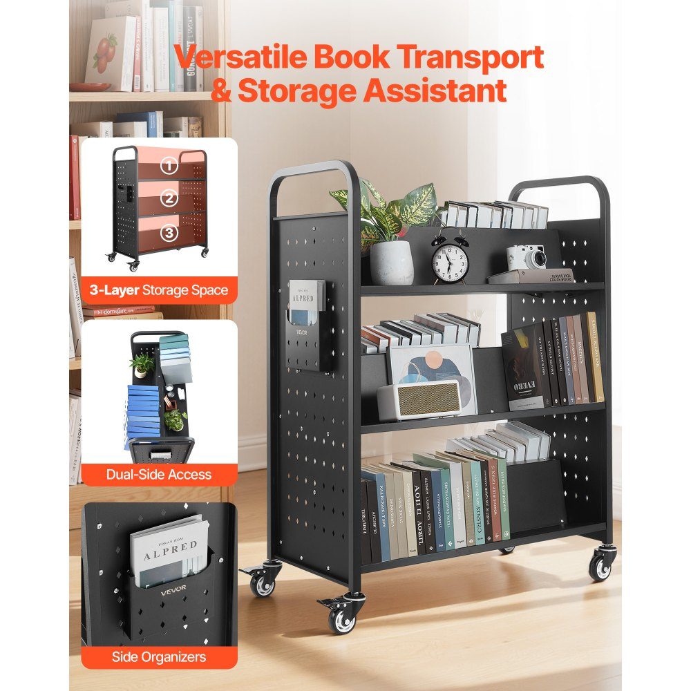 Bücherwagen, 159 kg Tragkraft, Bibliothekswagen, 970 x 515 x 1225 mm, doppelseitiges W-förmiges Bücherregal mit Doppelbremsrädern, Aufbewahrungswagen für Wohnzimmer, Büro, Schule, Schwarz