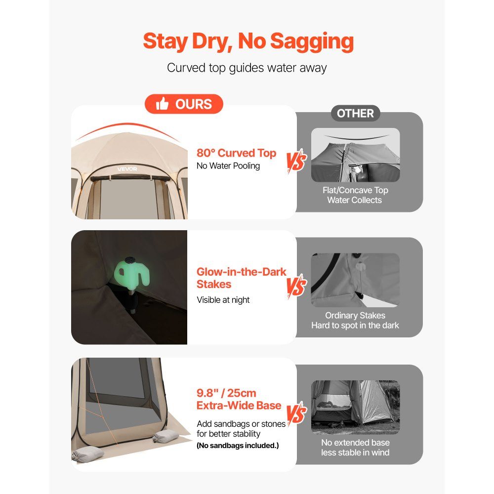 Pop Up Tent 144" x 134" Portable Camping Tent for 10-12 People with Net, Carry Bag, Side Walls and Pegs for Garden, Patio and Outdoor Activities, Beige