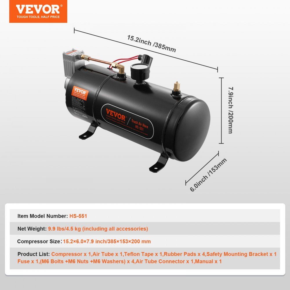12V Air Compressor Kit with Tank 3L, Train Horn Air Compressor Kit, 90-120 PSI Working Pressure, Integrated Air Compressor System for Train Air Horns, Inflating Tires, Trucks, SUVs, etc. Black