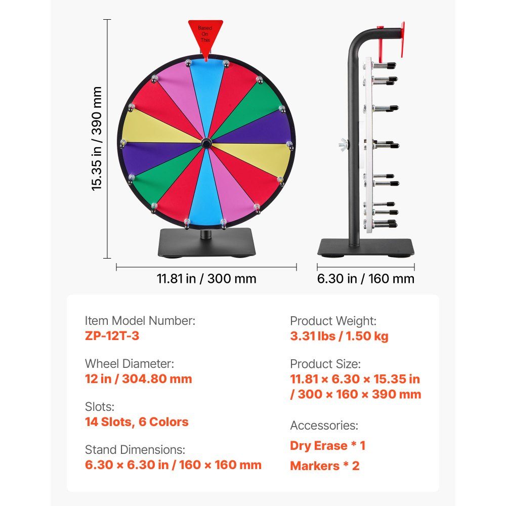 Roue de la Fortune, Roue (305 mm), 14 Compartiments, Roue de la Fortune avec Support, Jeux de Loterie, Gagner, Roulette, avec Tableau Éponge et 2 Marqueurs, 6 Couleurs, Roue des Prix Rotative, Idéale pour Fête, Pub, Foire Commerciale