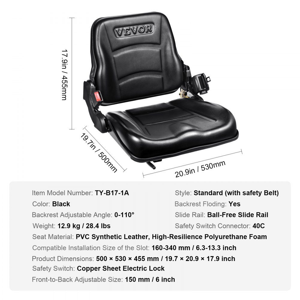 Tractor Seat 530 x 520 x 455mm 160-340mm Tractor Seat Universal Tractor Seat Tractor Seat Tractor Seat Forklift PVC 12.9kg for most mechanical seats such as forklifts