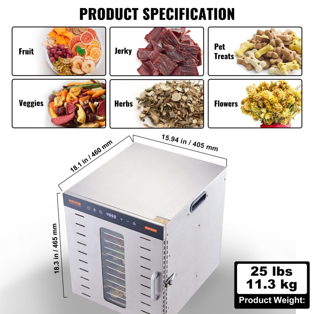 1000 W droogoven RVS, 377 x 285 mm 10 stuks. Bakken 360° droog, dehydrator, temperatuurregeling, timer van 0,5 tot 48 uur, bescherming tegen oververhitting, receptenboek voor vlees, fruit, groenten – Artikelnr. HT-23663