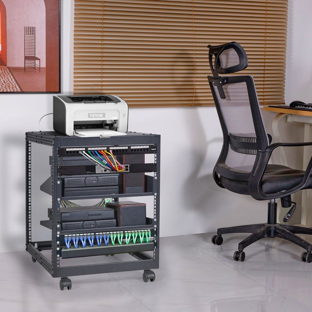 12U Open Frame Server Rack 23-40" Adjustable Depth Freestanding/Wall Mounted Network Server Rack 4 Post AV Rack with Wheels for all your Network IT Equipment AV Equipment