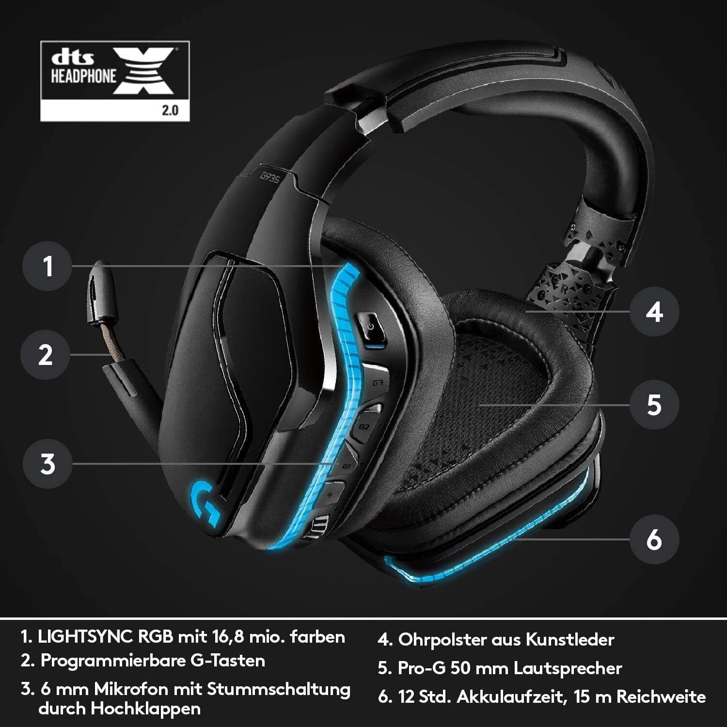 Casque de jeu Logitech G935 LIGHTSYNC RGB sans fil 7.1 son Surround sans fil