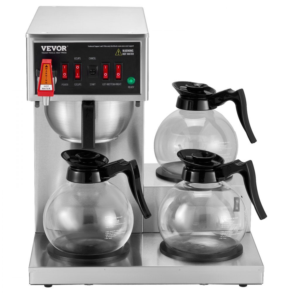 Kommerzielle Filterkaffeemaschine für 12 Tassen, Kaffeemaschine mit 3 Glaskaraffen & 3 Warmhalteplatten, Übergießkaffeemaschine aus Edelstahl für Restaurant, Büro, Café