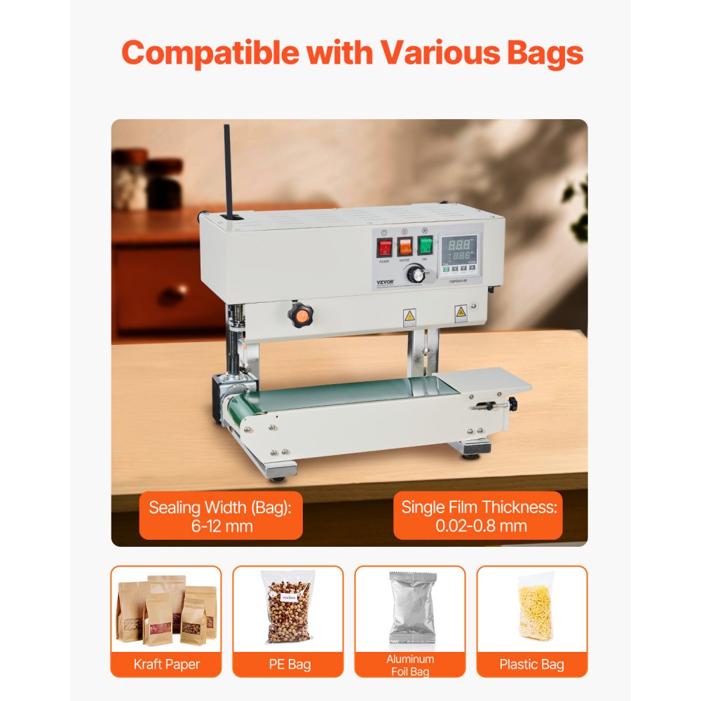 Continuous bag band sealing machine, 0.24-0.47 inch/6-12mm sealing width, vertical band sealing machine with digital temperature control, carbon steel bag sealer for 0.02-0.8mm thick plastic bag films Continuous bag band sealing machine, 0.24-0.47 inch/6-12mm sealing width, vertical band sealing machine with digital temperature control, carbon steel bag sealer for 0.02-0.8mm thick plastic bag films