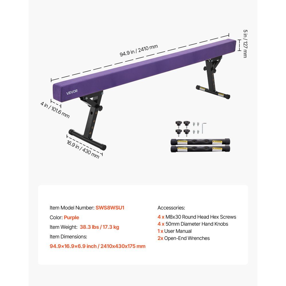 Schwebebalken Gymnastik Kinder 241 cm höhenverstellbar (5 Stufen/170/380470/540/565 mm), 158,7 kg belastbarer Gymnastikbalken, Schwebebalken für Fitnessstudio, Lila