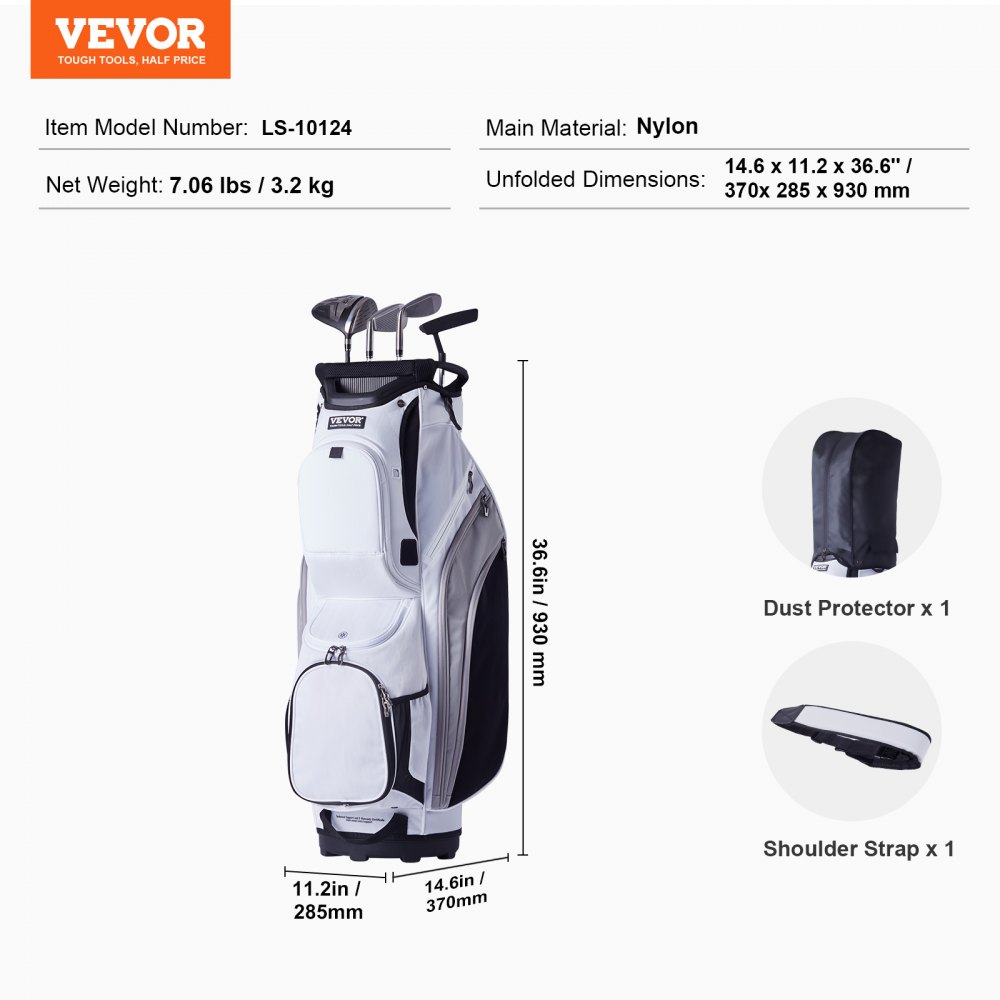 Golfkartas met 14-weg bovenorganizer, 36" 13 zakken Premium nylon kartas, duurzame golftassen met handvatten, stofkap en afneembare bandjes voor mannen en vrouwen, wit kleurblokontwerp