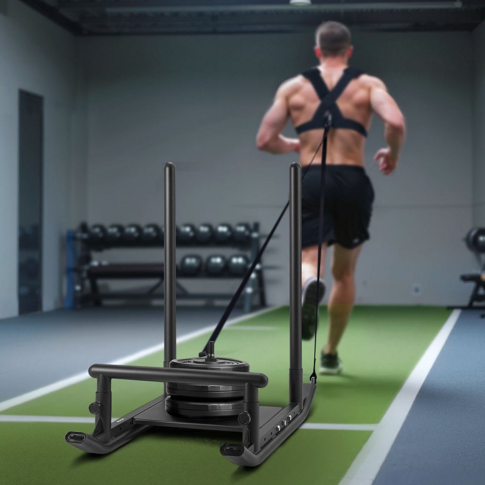 Weight sled power sled strength training sled to improve speed during sports exercises, fitness device with handle, compatible with 25/51 mm weight plates black