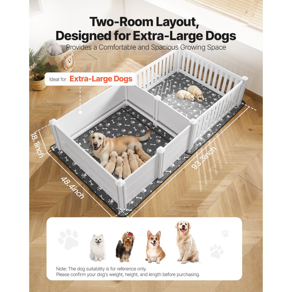 Werpbox voor honden, 237x123x46 cm, puppybox van kunststof PVC met in hoogte verstelbare deur & wasbaar plaskussen, 2-kamerindeling, puppybox voor extra grote honden, melkwit Werpbox voor honden, 237x123x46 cm, puppybox van kunststof PVC met in hoogte verstelbare deur & wasbaar plaskussen, 2-kamerindeling, puppybox voor extra grote honden, melkwit
