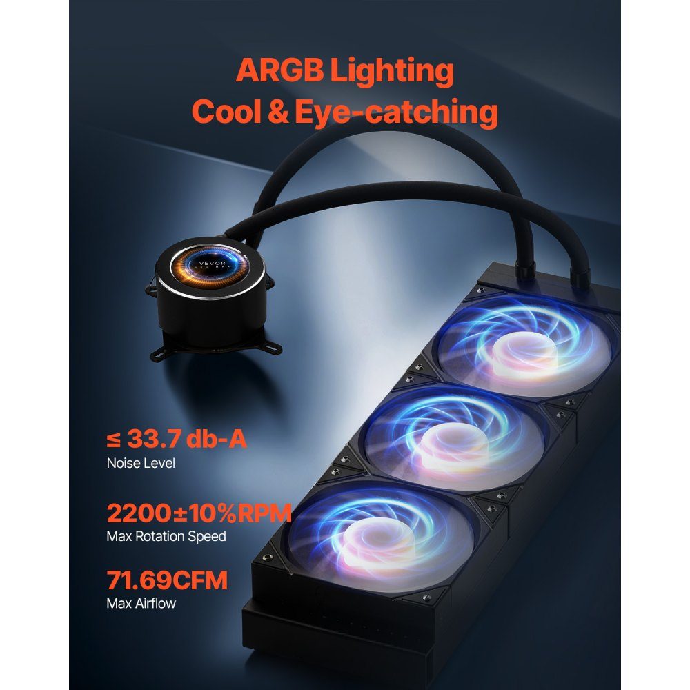 CPU Liquid Cooler, AIO CPU Water Cooler - 3 x 120mm PWN Fan and Pump, PC Water Cooling with 2" LCD Display and ARGB Light, for Intel 115X/1366/2011/1700/1200, AMD AM4/AM5