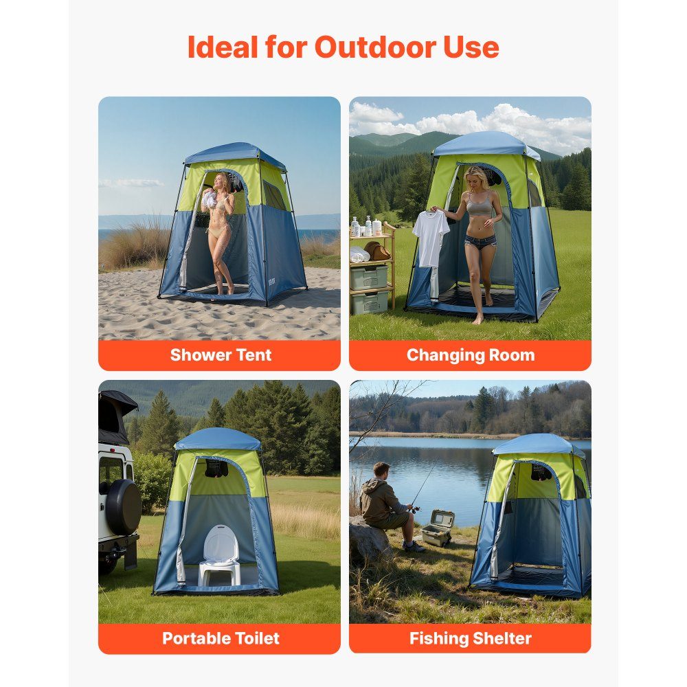 Shower tent with 1 room & shower bag, toilet tent (1676x1676x2184 mm) changing tent including pegs and ropes as well as carrying bag and support poles made of 150D Oxford fabric for camping beach fishing in green