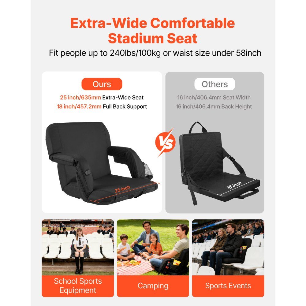 Stadium Seat, Heated Stadium Chair with 4 Pockets, Heated Bleacher Seat with 3 Level Heating and 6 Vibration Modes, Portable Seat Cushion for Camping, Sporting Events, Bleachers, Black
