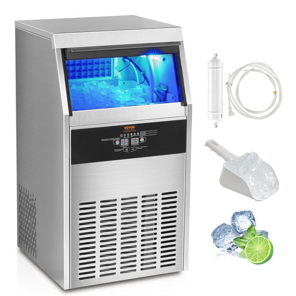 Commercial ice cube maker ice machine 47 kg / 24 h, lightweight cube ice machine 15 kg ice storage capacity 50 ice cubes, ice cube maker made of stainless steel including water filter & ice cream scoop