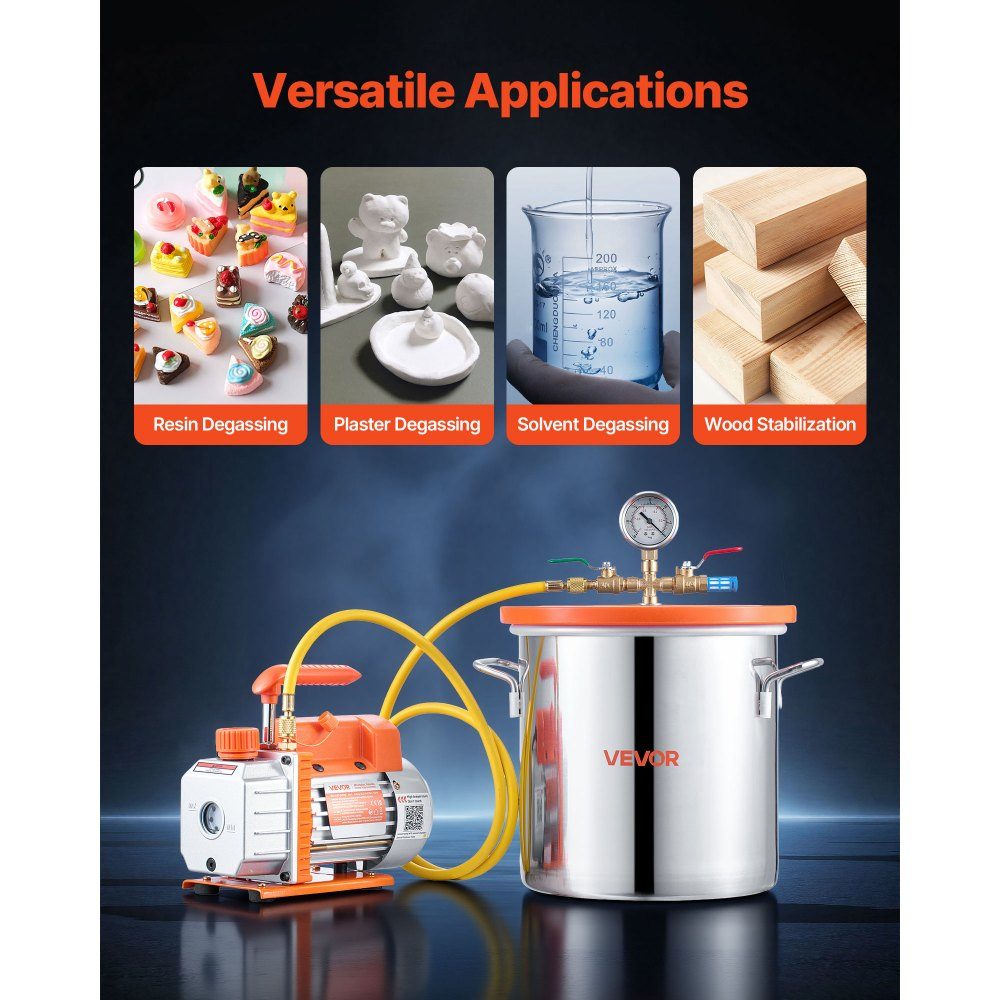 Pompe à vide avec chambre à vide de 11,4 L, 3,5 CFM 99 L/min, pompe à vide à 1 étage 180 W, kit de pompe à vide, tuyau de 1,5 m, pour stabiliser le bois et dégazer la résine de silicone