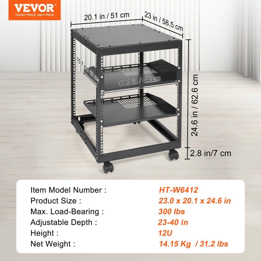 12U Open Frame Server Rack 23-40" Adjustable Depth Freestanding/Wall Mounted Network Server Rack 4 Post AV Rack with Wheels for all your Network IT Equipment AV Equipment