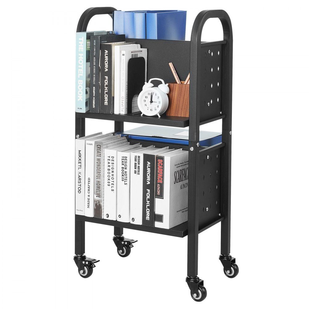 Wózek na książki 70 kg Nośność Wózek biblioteczny 45 x 33 x 88 cm Dwustronny regał w kształcie litery L z podwójnymi kółkami hamulcowymi Wózek na książki do salonu Biuro Szkoła Czarny
