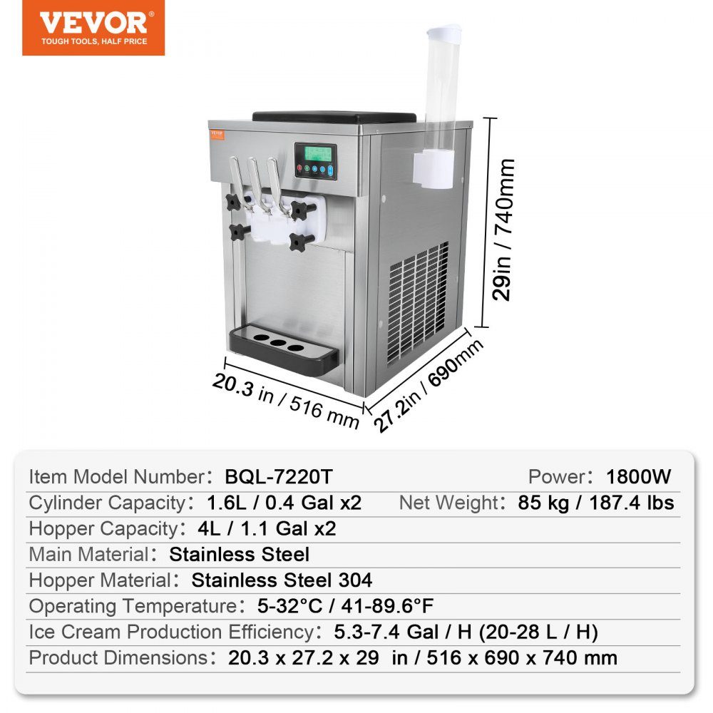 Commercial Ice Cream Maker, 1800W, 3 Flavors, Countertop Soft Ice Cream Machine, 2 x 4L Hopper, 2 x 1.8L Cylinder, LCD Screen, Auto Cleaning, Pre-Cooling
