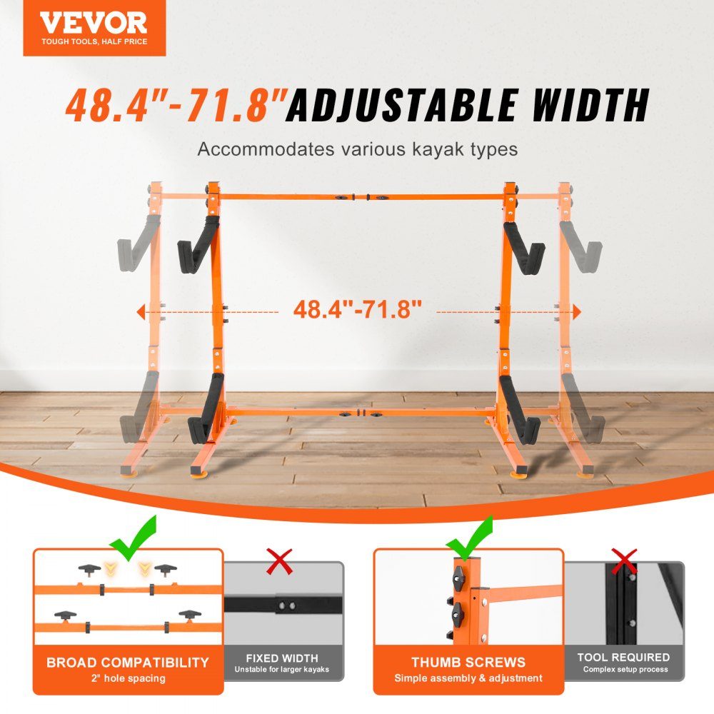 Kayak Holder, Kayak Hanger 1265 x 788 x 1380mm, Freestanding Kayak Stand 2 Kayaks 1230-1825mm Width Adjustment Range, Kayak Storage Rack, Heavy Duty Kayak Storage Hooks