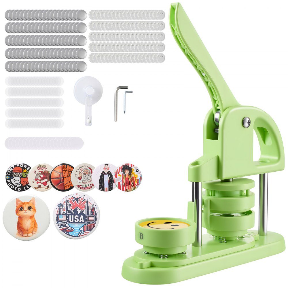 Button machine button maker machine badge punch press 58 mm round, pin maker with 100 button parts & circle cutter & reinforced ergonomic handle, DIY button press machine green