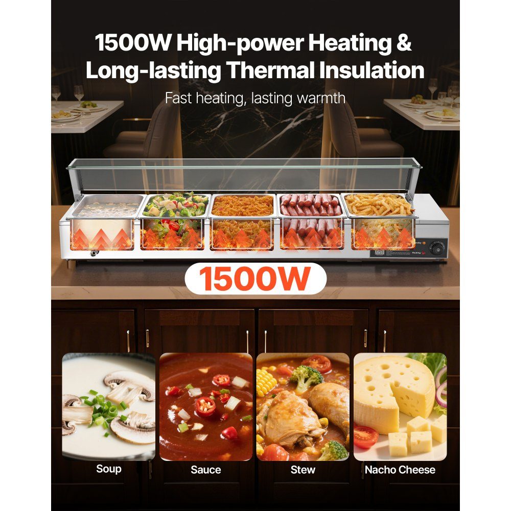 Chauffe-plats professionnel avec couvercle en verre et 5 récipients (taille 1/2) 1,5 kW Réchauffeur de buffet en acier inoxydable, récipient de buffet, bain-marie, station de réchauffement des aliments pour restaurants, fêtes, buffets