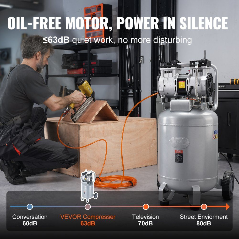 Air compressor 49L whisper compressor 2HP air pump oil-free 8bar compressor single-phase noise level ≤63dB Ideal for inflating tires, car repairs, painting, woodworking