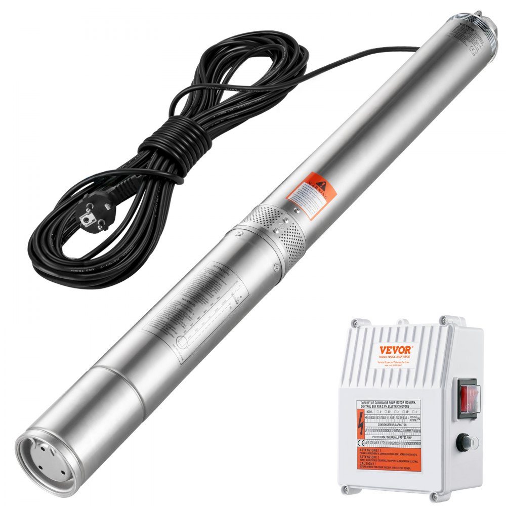 Pompe submersible pour puits profond 1500 W 230 V 60 Hz 9,8 m3/h Tête de 108 m avec câble de 19,4 m et boîtier de commande externe Pompes à eau en acier inoxydable pour l'irrigation industrielle à usage domestique IP68 étanche – Réf. HT-24542