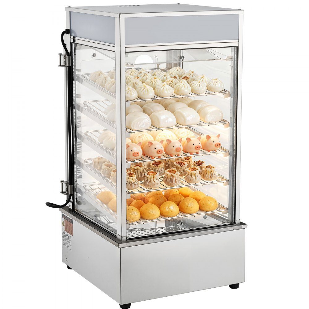 5-stopniowy komercyjny podgrzewacz do żywności 120 l od 30 do 110 ℃, garnek do gotowania na parze o mocy 1200 W, oświetlenie LED i regulowane półki oraz rama ze stali nierdzewnej, witryna grzewcza na chleb hamburgerowy Mantou – Nr kat. HT-24156
